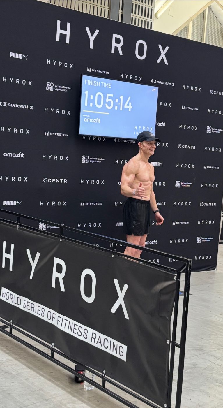 Luke Britton at the HYROX Incheon finish board — finish time 1:05:14